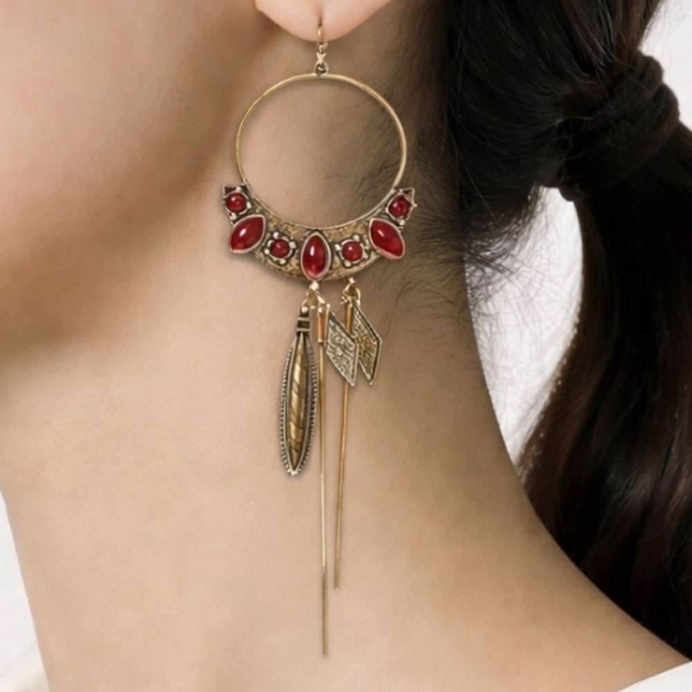 Free People Winona Hoops In Brass Red Jasper Boho Dangles